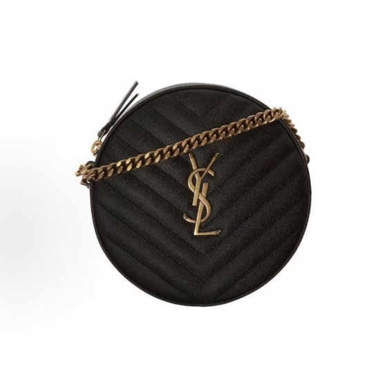SAINT LAURENT YSL Vinyle distressed gold Logo chain quilted small round bag crossbody single-shoulder bag for women, black